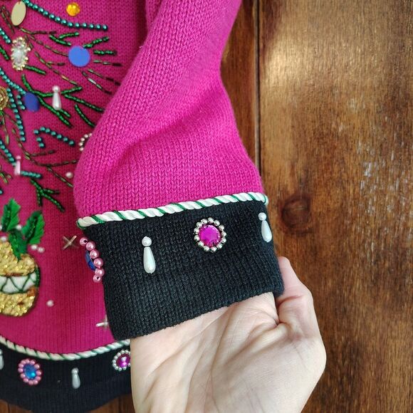 Vtg BP Design Christmas Tree Sweater Embellished Beaded Flashy Colorful Large - Picture 4 of 11